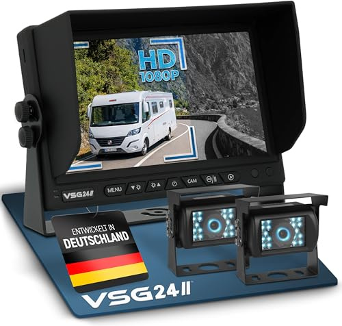 VSG24 Rückfahrkamera 7 Starter LKW-Set inkl. 2 Kameras mit HD-Auflösung RVS-24503, Monitor, Kabel & Fernbedienung – Wasserdicht Nachtsicht 12V-24V / Robustes Rückfahrsystem