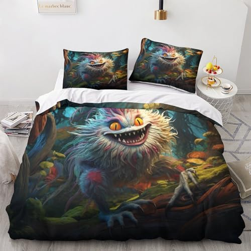 LSORU Horror Beast Bettwäsche Bettbezug Set Und Kissenbezug,bettwäsche Für Jungen Und Mädchen 3D Digital Print Dreiteiliger Bettwäsche,Mikrofaser 3 Teilig Sets King（220x240cm）