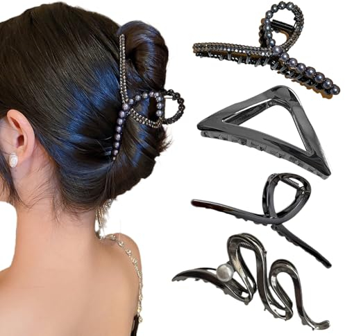 Ypkia Haarklammer Metall Schwarz Groß Haarspangen Damen Set Mit Perlen Für Frauen Und Mädchen Dickes Haar-Accessoires (4 Stück)