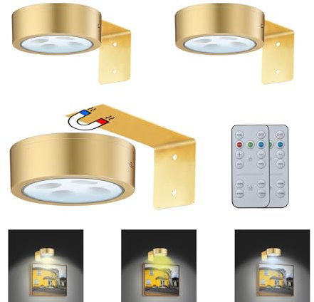 MIOBLUE 3Pack Picture Light Battery Operated Painting Lights, Wireless Magnetic Display Art Puck Light with Remote Controls with Dimmable Timer for Art Frame Artworking Portrait Wall Decor