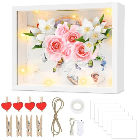 EUBSWA Cornice 3D per foto del giorno della mamma da 27 x 22 cm, cornice profonda con oggetto 3D luminoso da 1M per regalo del giorno della mamma, foto, fiori, decorazione per matrimonio