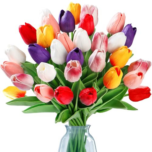 Sggvecsy Lot de 30 Tulipes artificielles au Toucher réaliste en polyuréthane pour Mariage, Bouquet de Printemps, Arrangement Floral, fête, Maison, Bureau, fête des mères (Multicolore)