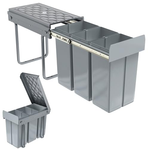 VA-Cerulean 3 Fächer Einbaumülleimer System 3x10 Liter, Abfallsammler Ausziehbarer Mülleimer mit Teleskopschienen, Herausnehmbare Eimer Mülltrennsystem, Grau, 48 x 26 x 41,8cm