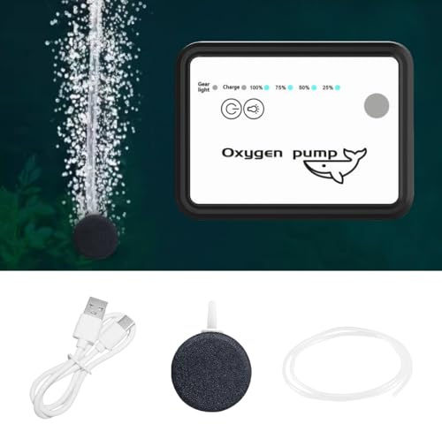 Redigerbar akvarieluftpump, USB uppladdningsbar syrepump – 3-stegs luftflödeskontroll, IPX7 vattentät, tyst, med luftslang och luftsten, perfekt för fiske och akvarier upp till 120 l