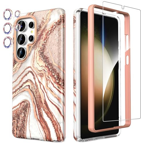 SHEDEER for Samsung S25 Ultra Case with Screen Protector + Bumper & Camera Protector, TPU Shockproof 360° Protection, Galaxy S25 Ultra Case Glossy Fade-Resistant Pattern Phone Case S25 Ultra, Rosegold