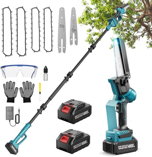 Ovshnrr 2-en-1 Mini Motosierra Bateria, 6''/8'' Motosierra Pertiga Electrica con 2 Baterías, Se Pueden unir 4 Longitudes Extensión hasta 4,1FT Podadora de Pértiga, Para Cortar Madera y Jardines