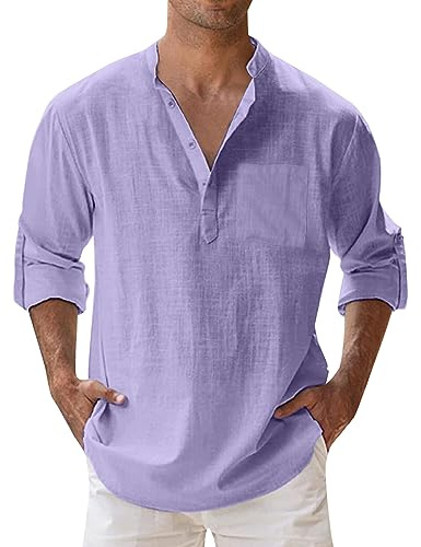 Camiseta Manga Larga Hombre de Lino Camisas Informales de Verano Camisa Suelta de Ocio de Color Sólido Tops con Bolsillo Camisas Casual con Botónes y Bolsillo para Aire Libre, Deporte