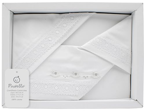 PASTELLO - Coordinato Carrozzina 3 Pezzi, 100% Cotone per Neonati, Completo Lenzuola con Ricamo (Art. LC31E, PERLA)