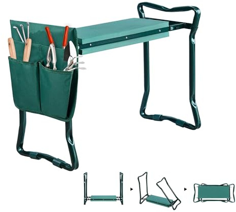 XMTECH Knäbänk, vikbar med Eva-skumkudde och 4 verktygspåsar, stabil stålram upp till 150 kg, bekväm sitt- och knälösning för trädgårdsarbete, perfekt för föräldrar och seniorer, grön
