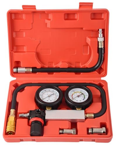 DHA Engine Cylinder Leak Down Tester Kit Dual Pressure Gauge 100psi, Compression Leakdown Detector Leakage Test Tool Set with M10/12/14 adapters for Car Truck Motorcycle