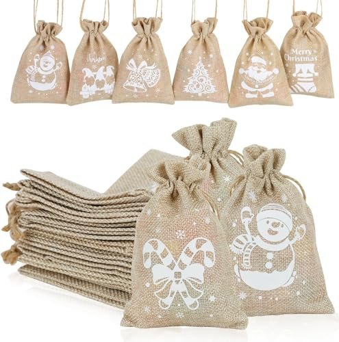 SULOLI 12Pcs Bolsas Regalos Navidad Yute，Cordón Sacos de Regalo，Bolsitas Navidad，Saco con Cordón Ajustable，Ideal para Decoración Navideña，Dulces，Gallates y Envoltura de Regalos