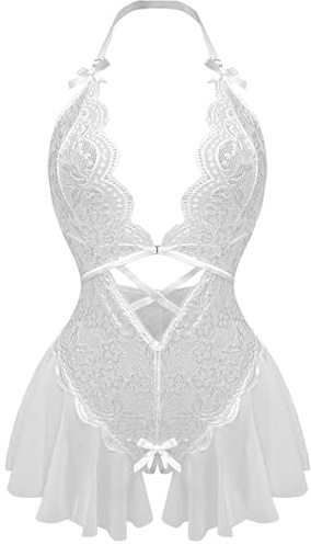 Rayson Lencería Mujer Babydoll Encaje Body Cuello en V Profundo Floral Ropa Interior Transpirable Malla Mini Vestido(Blanco)