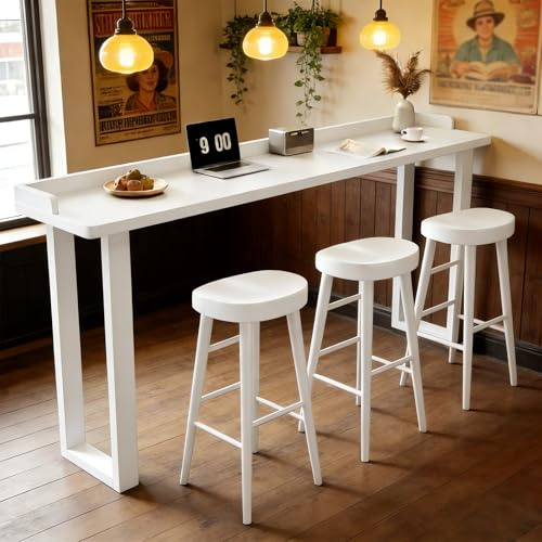 Lång och Smal Massivträ Bartabell, Hög Pubbord, Modern Hög Mat- och Köksbord av Trä, För Kök och Café, Utan Hocker(White,140x40x105cm/55x16x41in)