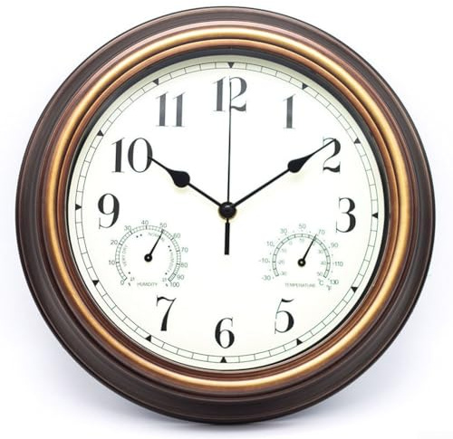 Horloge murale de 30,5 cm avec thermomètre et hygromètre pour jardin, horloge à quartz résistante aux intempéries, esthétique vintage, fonctionnement silencieux, installation facile (cuivre rouge)
