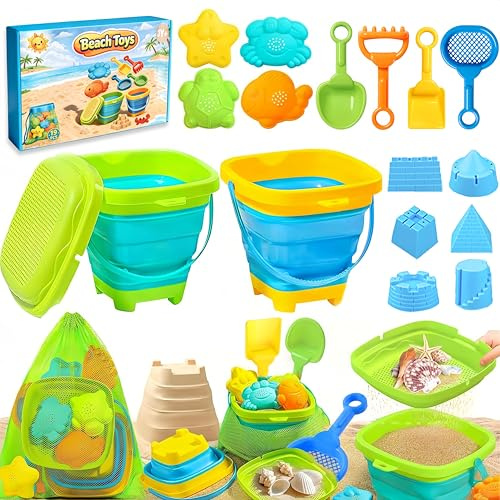 Juguetes de Playa para Niños Bebe, 19 Piezas Juguetes de Arena con Cubo Playa Plegable Palas Rastrillo Moldes de Arena, Juguete Playa para Niños Niñas 3 4 5