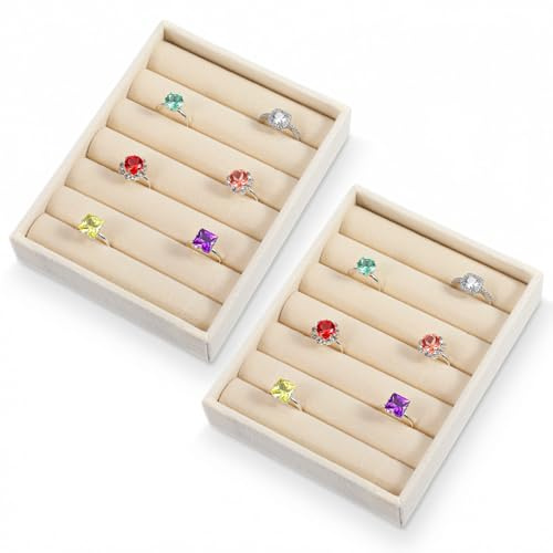 Xinjoduz 2 PCS Velvet Stackable Ring Storage Tray Beige Mini Earring Display Trays Holder, Small Jewelry Case Drawer Insert Organizer for Rings Earrings Jewelry(6 Slots)