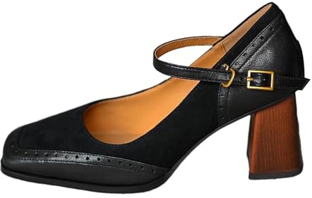 Zapatos tradicionales para mujer, elegantes, clásicos, monocolores, punta cuadrada, tacón de bloque con hebilla, cómodos, antideslizantes, suaves, ligeros, para fiestas, bodas y uso diario, 4 Black