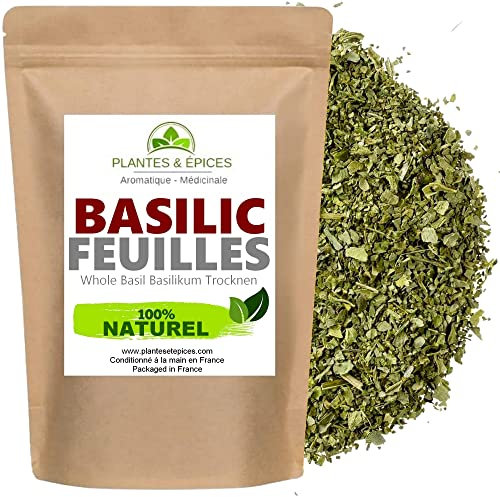 Basilic Feuille Coupée séchées au soleil 100% Naturelles - Sachet Fraîcheur hermétique Refermable (100G)