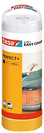 tesa Easy Cover Perfect+ Refill M - 2in1 Malerfolie mit Malerband aus Washi-Papier - zum Abkleben und Abdecken bei Malerarbeiten - 33 m x 140 cm