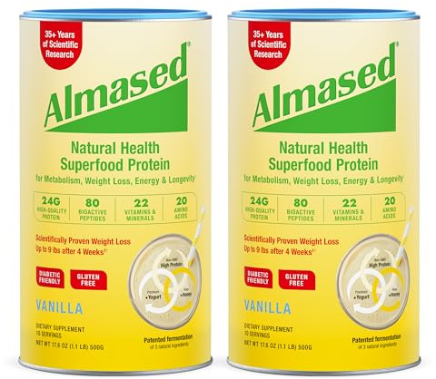 Almased Vanilla Meal Replacement Shake - Low-Glycemic High Plant Base Protein Powder- Nutritional Weight Health Support Supplement - Vanilla Flavor - 17.6 oz (1.1 Pound (2 Pack))