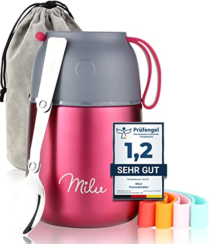Milu® Thermobehälter für Essen 450ml, Edelstahl Warmhaltebehälter mit Löffel, Thermobecher Essen, Thermo Lunchbox für Kinder, Erwachsene, Thermobox Suppen, Babybrei, Speisebehälter Berry, 450ml