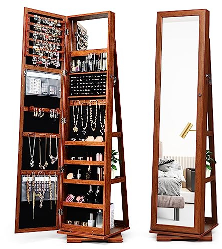 HOMASIS Armoire à bijoux avec miroir et étagère en échelle, pivotant sur 360°, Organisateur de boucles d'oreilles avec crochet à chaîne et fermoir à anneau,39x39x161cm (Marron)