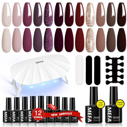MEFA Kit Ongle Gel UV Complet 6 W Lampe, 19PCS Kit Vernis Semi Permanent Nude Violet Rouge Marron Pailleté 12 Couleurs Vernis Gel avec Base et Top Coat, Manucure Outils Accessoires Kit Cadeau
