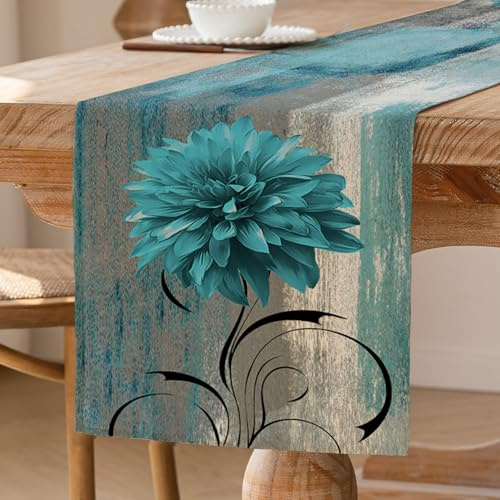 Camino de Mesa Turquesa Retro Flores Decoración de Mesa Camino de Mesa de Granja Rústico Pintura al óleo Mantel Decorativo 33 x 183 cm para Cocina Cafetería Fiestas Bodas
