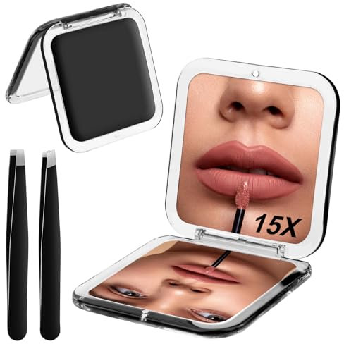 Leikedun Specchio da Viaggio Portatile con Ingrandimento 15X, Piccolo Specchio Tascabile Pieghevole, Specchio per Borse su 2 lati con ingrandimento 15X con 2 Pinzette, Quadrato 8,4cm, Nero