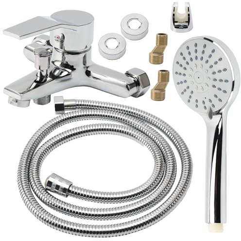 Yolispa Bath Taps with Shower Attachment, Wall Mounted Bath Mixer Tap with 3 Mode Handshower and 1.5m Shower Hose, Solid Brass Chrome, Single Lever Bath Shower Mixer