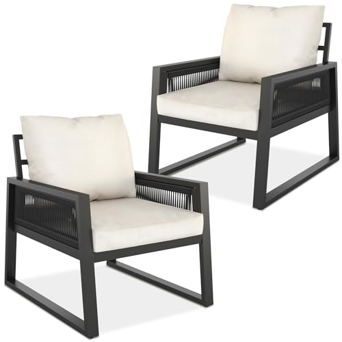tectake® Set Salottino da Giardino, Telaio in Alluminio Antiruggine, 2 Comode Poltrone Giardino, Cuscini Spessi, Mobilio Outdoor, Set Salotto da Esterno, Design a Corda – Stile 3, 2 Posti