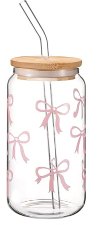 HSMHLYYB Glasdrycksbehållare med lock och sugrör, Bow glasbehållare 473 ml, Iced Coffee glas i burkform, glasbehållare med rosa sladd, mångsidigt drycksglas för bubbelte, kaffe (sladdmönster)