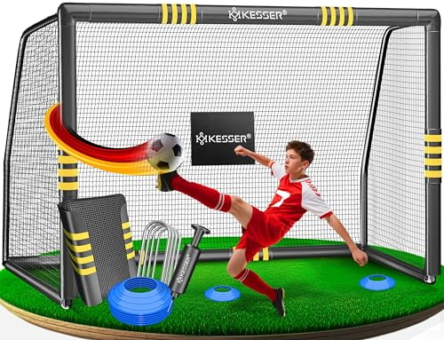 Portería de fútbol KESSOR – Portería de fútbol de alta calidad de 300 cm, entrenamiento de tiro con red resistente a los rayos UV, marco de acero con acolchado, clavijas para tierra, bomba de aire
