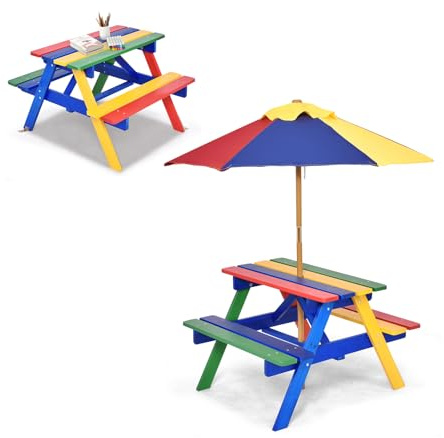 DREAMADE Table de Pique-Nique Enfant en Bois avec Parasol Amovible,Table Exterieur Enfants avec Banc,4 Places,pour Jardin,Terrasse,Patio,Balcon,79x71x52,5CM (Colorée)