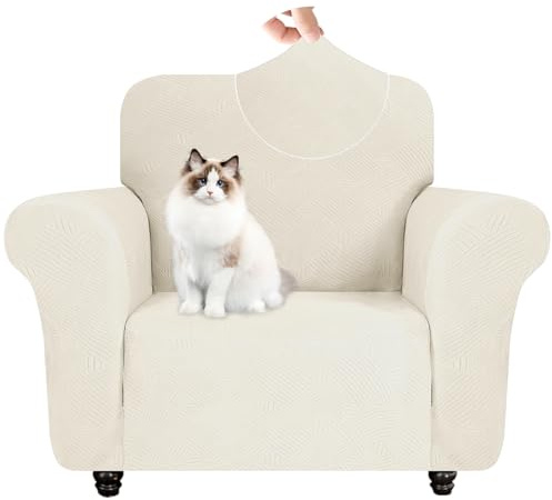 YSTELLAA Stretchigt Sofföverdrag Med Armstöd 1-Sit, Elastiskt Soffskydd Universell, Pet Soff Cover Töjbart Överdrag, Modernt Soffskydd Jacquard, Avtagbar Halkfri Fåtöljöverdrag, Naturvit