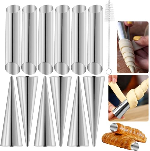 Moules à roulés mousse inox – Set de 25 pièces antiadhésif avec 12 cônes et 12 tubes + brosse de nettoyage – Accessoires de pâtisserie pour cannoli, croissants et pâte feuilletée