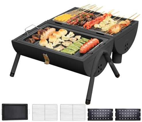 Barbacoa para fumar de camping – Asador de barbacoa estilo barril, utensilios de cocina al aire libre al aire libre | Parrilla ligera ventilada, fosa de fuego multifunción, parrilla de acero para el