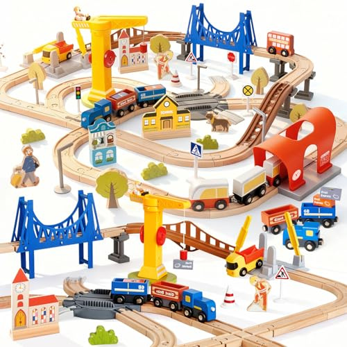 Juego de carriles de madera 'Modern City Trail Toy Trail System Rails, Carros, Puentes, Grúas, Plataforma y Más - Juego de tren de madera de 94 piezas Juguetes de madera a partir de 3 años