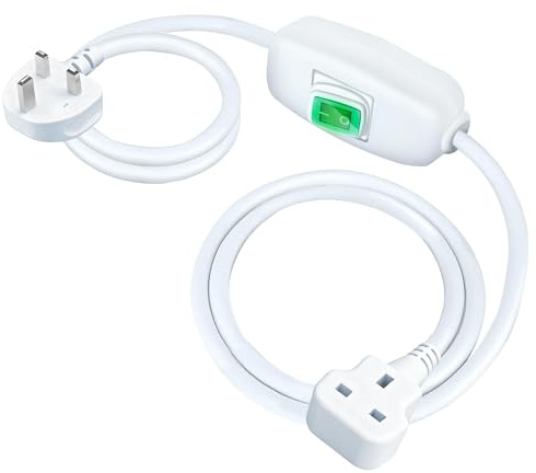 White Extension Cord with On/Off Switch, 2M （200cm）6A 250V 1400W, UK 3-Prong Male to Female Plug, Insulated & Flame Retardant, Indoor Power Cord