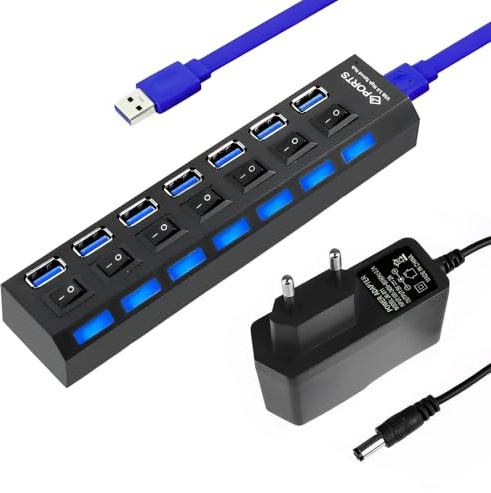 Hub USB 7 Ports avec Adaptateur Secteur, 5Gbs Hub USB 3.0+6 USB 2.0 Portable avec Interrupteurs LED Individuels, Multi Port Répartiteur Hubs pour Ordinateur Portable PC Souris et Clavier