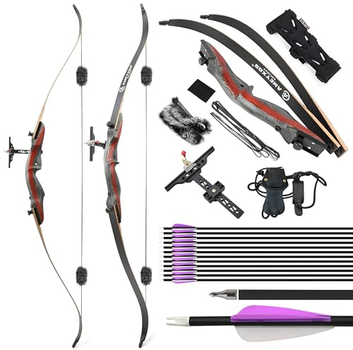 surwolf 60Arco ricurvo smontabile,20–50 lb arco da caccia,arco tradizionale,arco lungo per destrimani,impugnatura da 17,tiro con l'arco e attività all'aperto (arco set, 50lb)