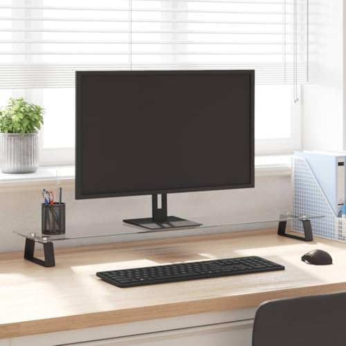 Kaloriko Monitorställ svart av härdat glas och metall 100 x 20 x 8 cm, ergonomisk upphöjning med förvaringsutrymme för datorbord, PC-stativ, skrivbord, hemmakontor, platsbesparande