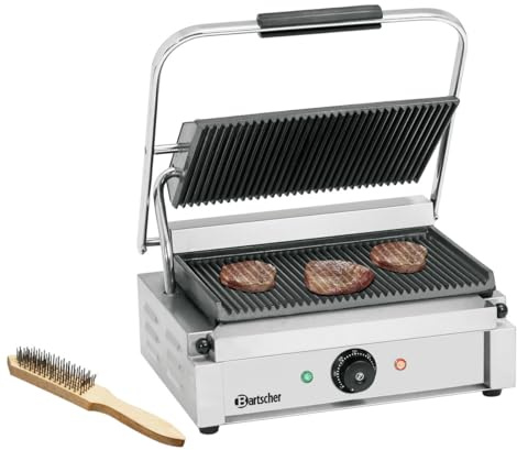 Bartscher Kontaktgrill Panini 1R – gerillte Gussplatten emailliert, 2,2 kW, Edelstahlgehäuse, für Gastronomie, mit Reinigungsbürste, silbergrau