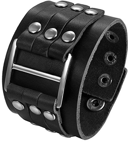 Flongo Herren Lederarmband, Groß Breite Leder Echtleder Armband Armreif Manschette Schnalle Schwarz Silber Punk Rock Biker Motorradfahrer Wickel Einstellbar Verstellbar Herren Accessoires
