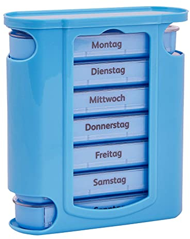 WELLGRO Tablettenbox für 7 Tage, Pillendose je 4 Fächer pro Tag, Medikamentenbox Kunststoff BPA-frei, Farbe wählbar, Farbe:Hellblau