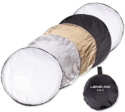 Lens-Aid 110cm Faltreflektor 5-in-1: Faltbarer Fotografie Lichtreflektor in Silber, Gold, Weiß, Schwarz, Diffusor für Fotografie im Fotostudio und Outdoor; mit Tasche