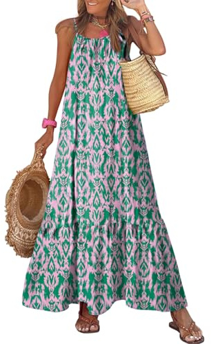 Dokotoo Beach Dresses for Women Summer Casual Maxi Dresses Scoop Neck Boho Beach Dress Sleeveless Spaghetti Strap Sexy Dress Ruffle A Line Flowy Dresses Medium Green