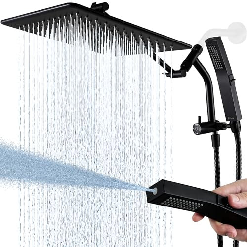 G-Promise All Metal 12 Inches Rain Shower Head with Handheld Built-in Power Wash Mode, 3-Way Diverter with Pause Setting, 11 Inches Adjustable Extension Arm with Lock Joint, Long Hose (Matte Black)