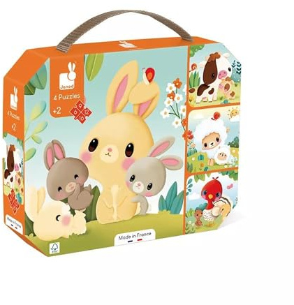 Janod - 4 Puzzles Évolutifs Animaux de la Ferme - 6-9-12-16 Pièces - Jouets Enfant - Jeux Éducatifs - Dextérité et Patience - Fabriqué en France - Dès 24 Mois, J03319