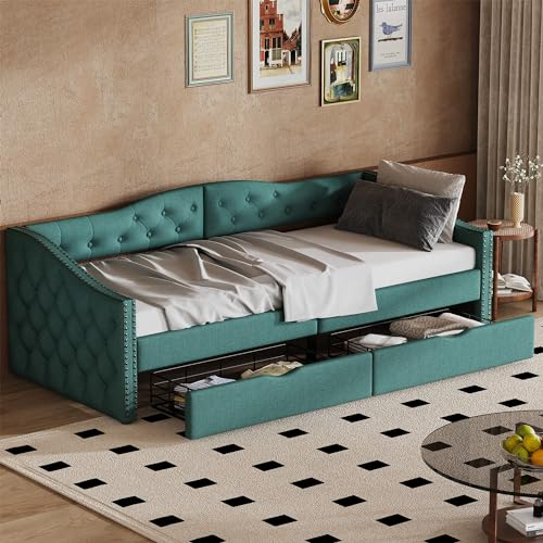 HYUB Tagesbett Einzelbett 90 x 200cm mit Stauraum, Schlafcouch mit 2 Schubladen und Lattenrost, Funktionsbett Stauraumbett mit Rückenlehne, für Wohnzimmer Schlafzimmer, ohne Matratze, Grün